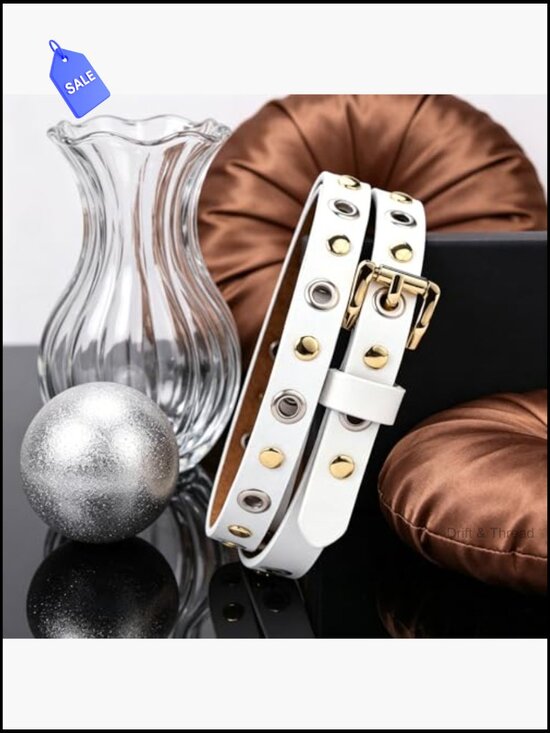 Womens Skinny Belt with Grommets Leather Gold Buckle main image 2